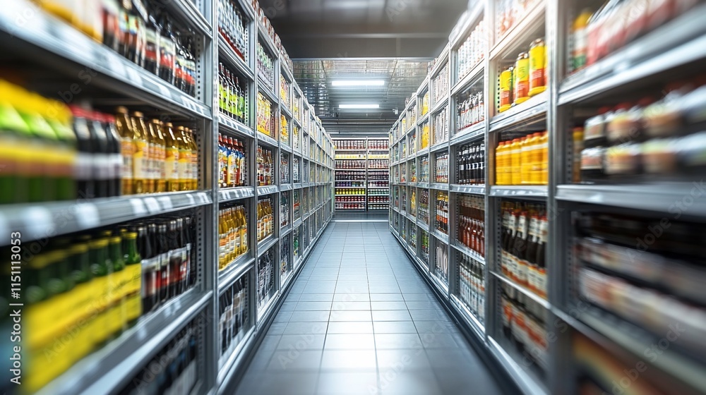 A grocery aisle filled with various bottled beverages on display. A grocery aisle filled with various bottled beverages on display.