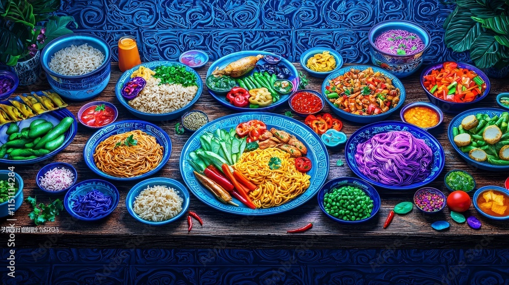 Fototapeta premium Delicious Asian Cuisine Feast Colorful Noodles Rice Vibrant Dishes