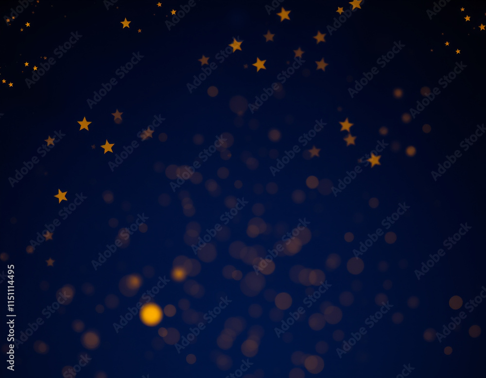 A night sky filled with twinkling golden stars and glowing bokeh lights against a dark blue clear background abstract light background A night sky filled with twinkling golden stars and glowing bokeh lights against a dark blue clear background abstract light background