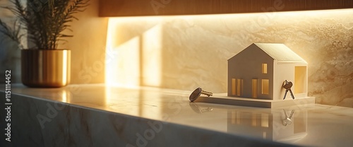 A minimalist model house with keys  symbolizing home ownership and warmth.