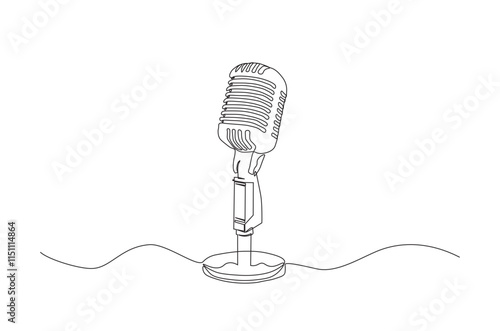 Vintage microphone continuous one line drawing. Microphone single line art illustration. Editable vector.
