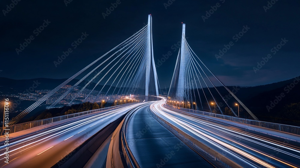 A modern suspension bridge illuminated at night with light trails from vehicles. A modern suspension bridge illuminated at night with light trails from vehicles.