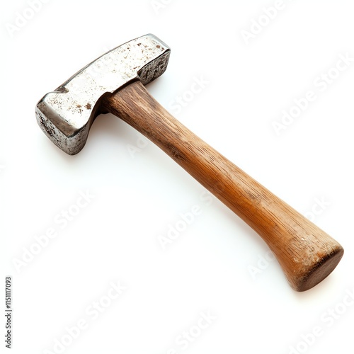 Rustic hammer with a wooden handle, isolated on a white background.
