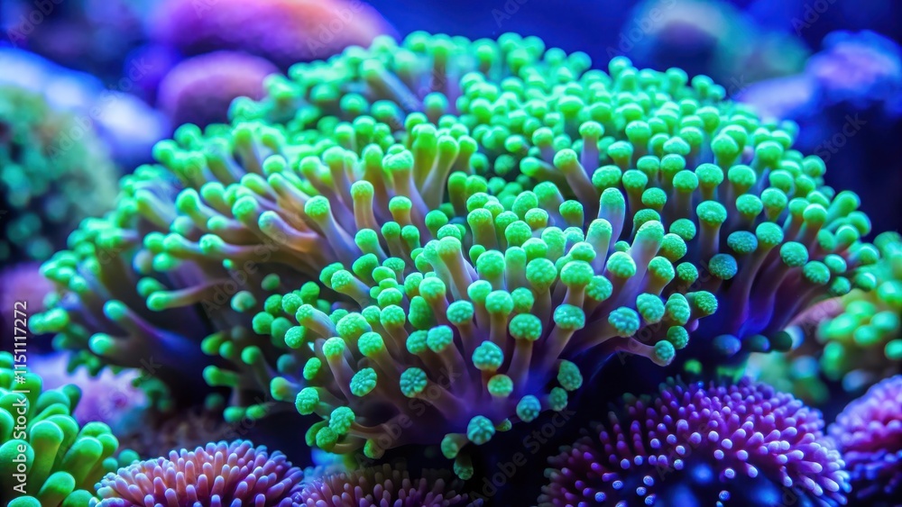 Obraz premium Vibrant neon green Euphyllia coral in a saltwater reef tank, marine life, colorful, underwater, aquarium, aquatic, exotic