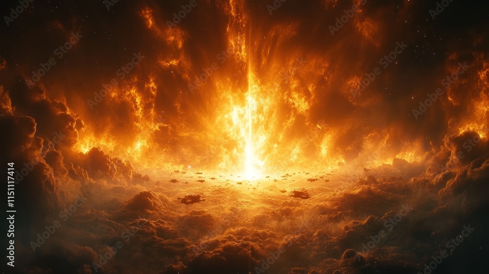 A dramatic cosmic scene depicting fiery clouds and radiant light, evoking a sense of awe. A dramatic cosmic scene depicting fiery clouds and radiant light, evoking a sense of awe.