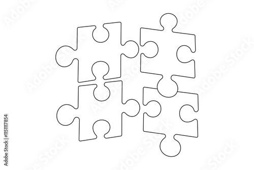 Puzzle icon continuous one line drawing and puzzle game isolated outline flat vector illustration