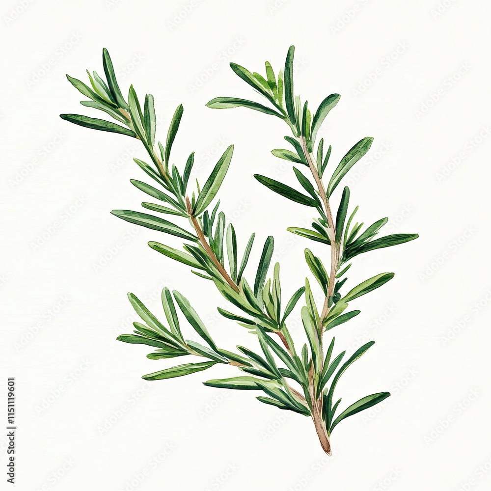 Fototapeta premium Watercolor Illustration of Fresh Rosemary Sprig, Detailed watercolor illustration of a rosemary sprig with vibrant green leaves, perfect for culinary, botanical, or natural designs.
