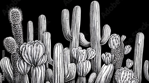 Monochrome cactus plants on black background. photo