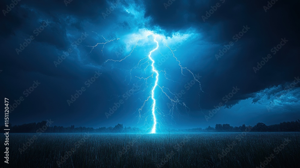Fototapeta premium A dramatic lightning strike illuminates a dark sky over an open field.
