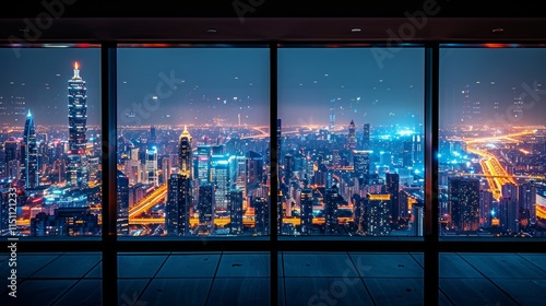 Nighttime city view from a window with a tiled floor. AI generative. . photo