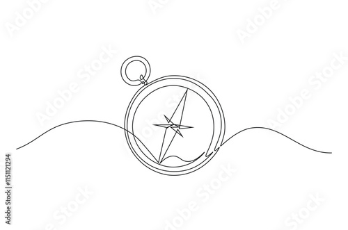 Magnetic compass continuous one line drawing. Land, sea, navigation, geography compass single line art illustration. Editable vector.