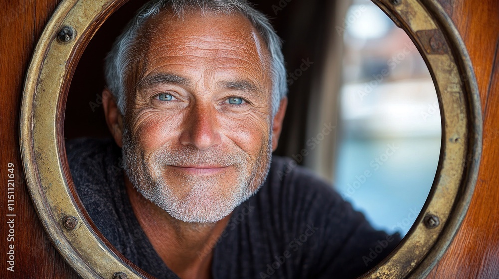 Naklejka premium A smiling older man framed by a circular window, exuding warmth and approachability.