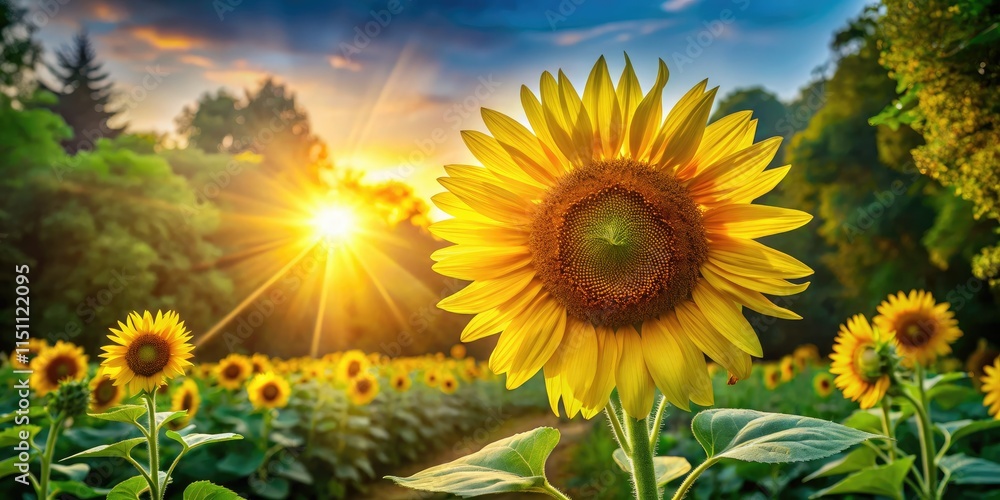 Fototapeta premium Sun-Like Sunflower in Park Garden - Vibrant Landscape Photography