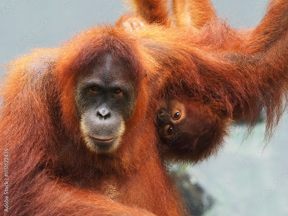 Obraz premium The Sumatran orangutan is one of the three species of orangutans. Critically endangered, and found only in the north of the Indonesian island of Sumatra. It is rarer than the Bornean orangutan.
