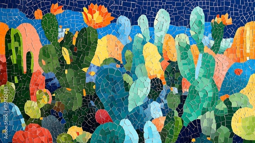 Colorful mosaic of a vibrant cactus garden.