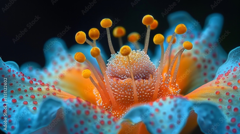 Naklejka premium Close-up of a flower with orange and blue petals and dew drops. AI generative. .