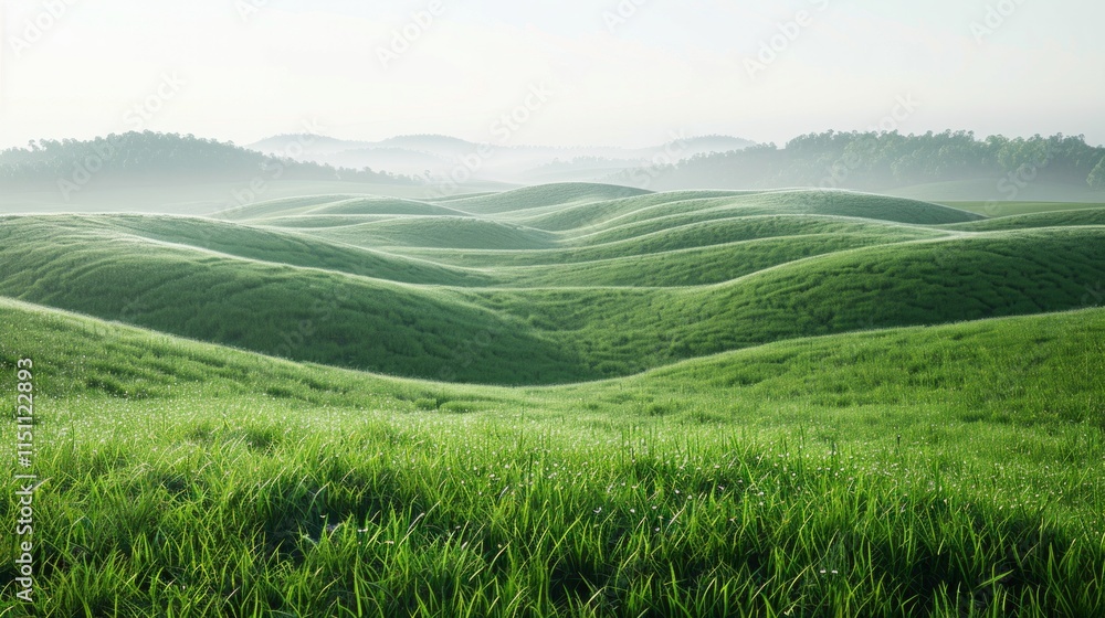 Rolling green hills under a foggy morning sky. AI generative. . Rolling green hills under a foggy morning sky. AI generative. .