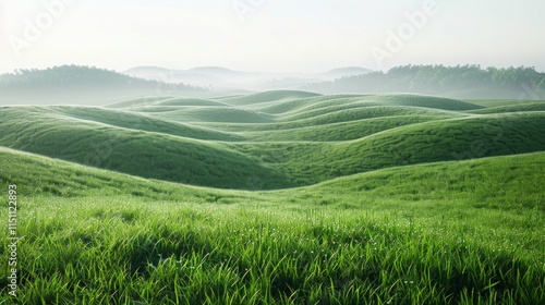 Rolling green hills under a foggy morning sky. AI generative. .