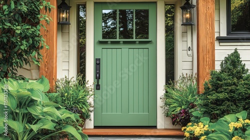 Green front door with wood frame, flanked by vibrant greenery and unique architectural features.