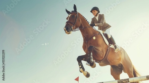 A brown horse and rider jump over a hurdle in a show jumping competition. AI generative. . photo