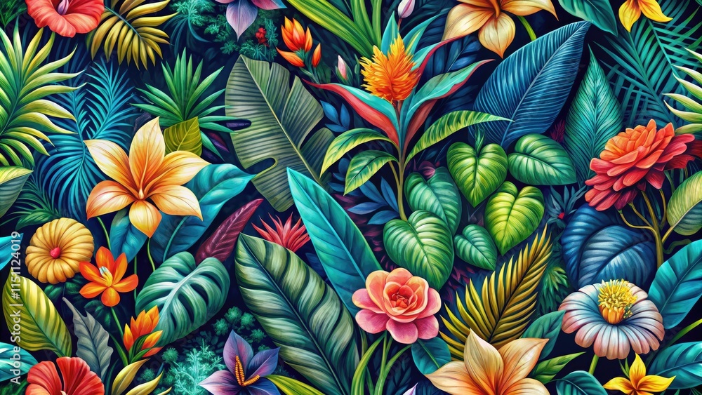 Surreal Tropical Leaf & Flower Seamless Pattern AI Art Surreal Tropical Leaf & Flower Seamless Pattern AI Art