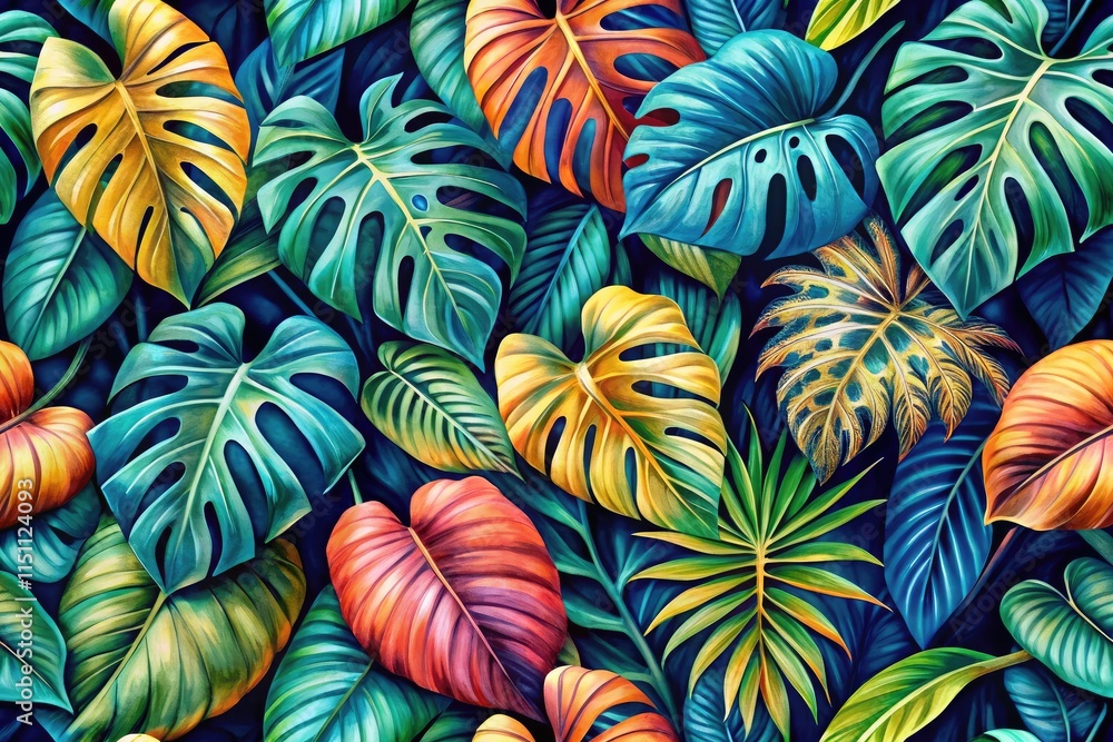 Surreal Tropical Seamless Pattern - Philodendron & Alocasia Leaves Surreal Tropical Seamless Pattern - Philodendron & Alocasia Leaves