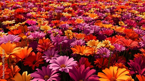 Vibrant orange pink and red flowers bloom in a field photo