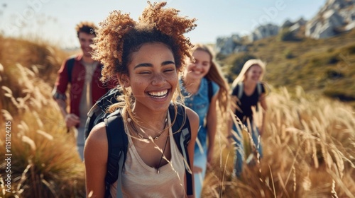 A woman with curly hair smiles brightly in a field of tall grass, wearing a tank top and a backpack. AI generative. .