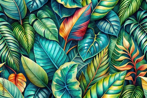 Wallpaper Mural Surreal Watercolor Tropical Leaf Seamless Pattern AI Art Torontodigital.ca