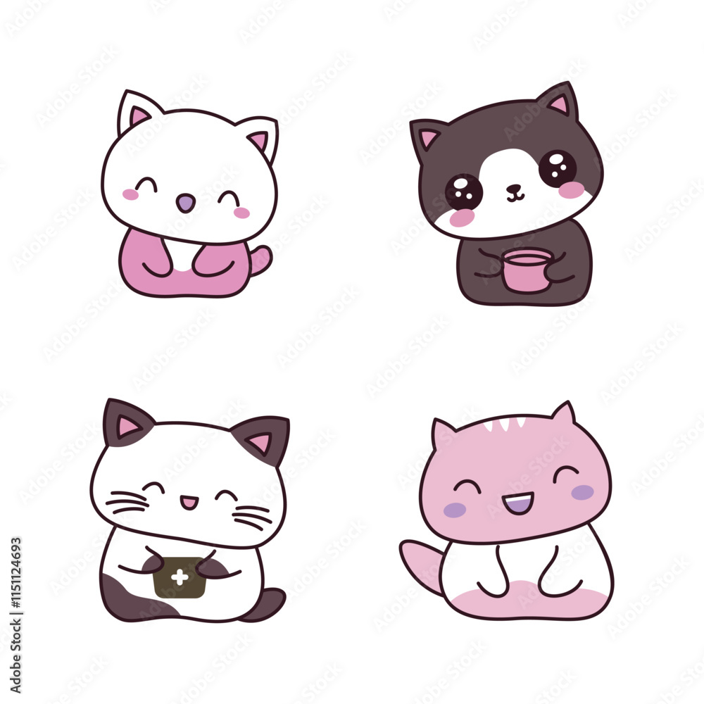 Set of Cheerful Cute Funny Cat Kitten Pet Animal Mascot Cartoon Character Tilting Head Set of Cheerful Cute Funny Cat Kitten Pet Animal Mascot Cartoon Character Tilting Head