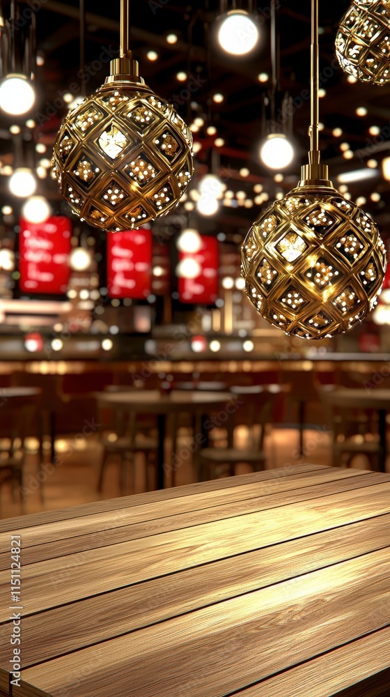 Obraz premium Empty Wooden Table in Fast Food Restaurant Bright Lights Bokeh Interior Design