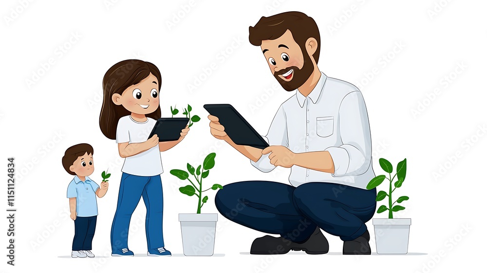 Family Using Tablets Studying Plants Gardening Technology Kids Education Family Using Tablets Studying Plants Gardening Technology Kids Education