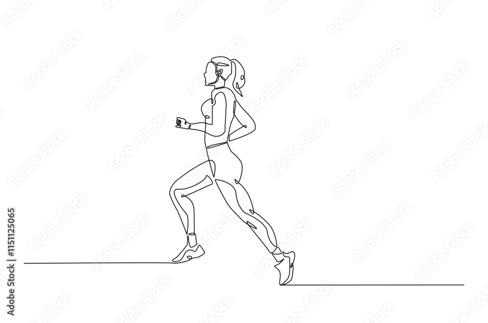 Woman running continuous one line drawing. Jogging abstract single line art illustration. Editable vector.
