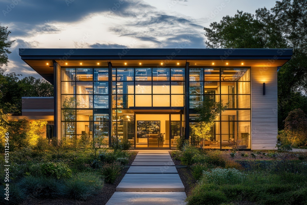 Obraz premium Front view of a high-tech modern home with smart glass windows and sustainable design elements.