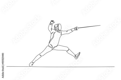 Fencer continuous one line drawing. Fencing sport single line art illustration. Editable vector.