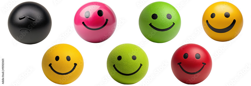 Set of colorful stress balls with smiley faces isolated on a transparent background Set of colorful stress balls with smiley faces isolated on a transparent background