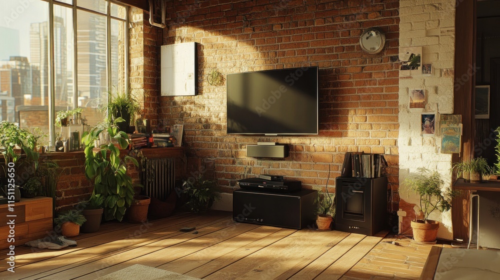 Fototapeta premium Sunlit loft apartment living room with brick wall, plants, and TV.