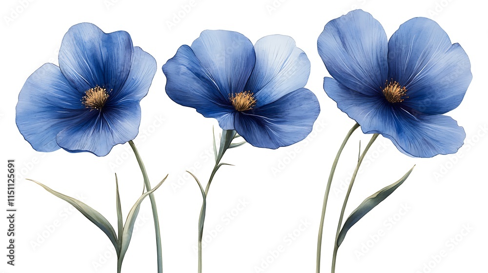 Fototapeta premium Three blue flax flowers isolated on a white background