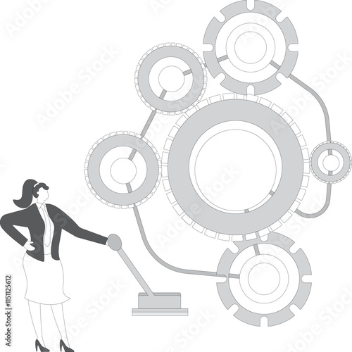 Business optimization and improvement, aligning or repairing business relationships, workflow optimization, driving and solving business problems, seated businesswomen cranking the joystick to get the