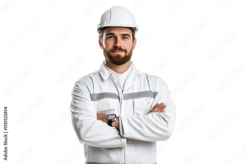 Male construction worker in white safety uniform isolated on a transparent background Male construction worker in white safety uniform isolated on a transparent background