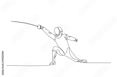 Fencer continuous one line drawing. Fencing sport single line art illustration. Editable vector.