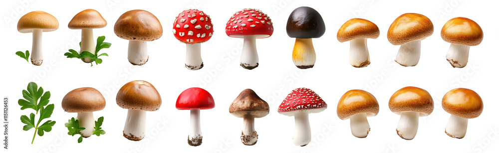 Obraz premium Set of mushrooms in various colors isolated on a transparent background
