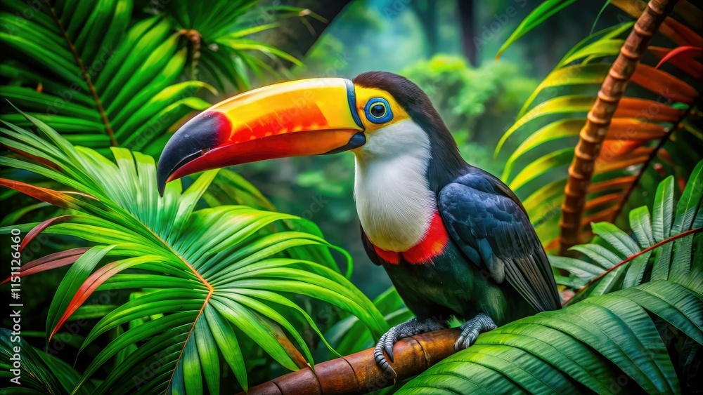 Naklejka premium Toucan in Jungle - AI Photorealistic Aerial Close-Up