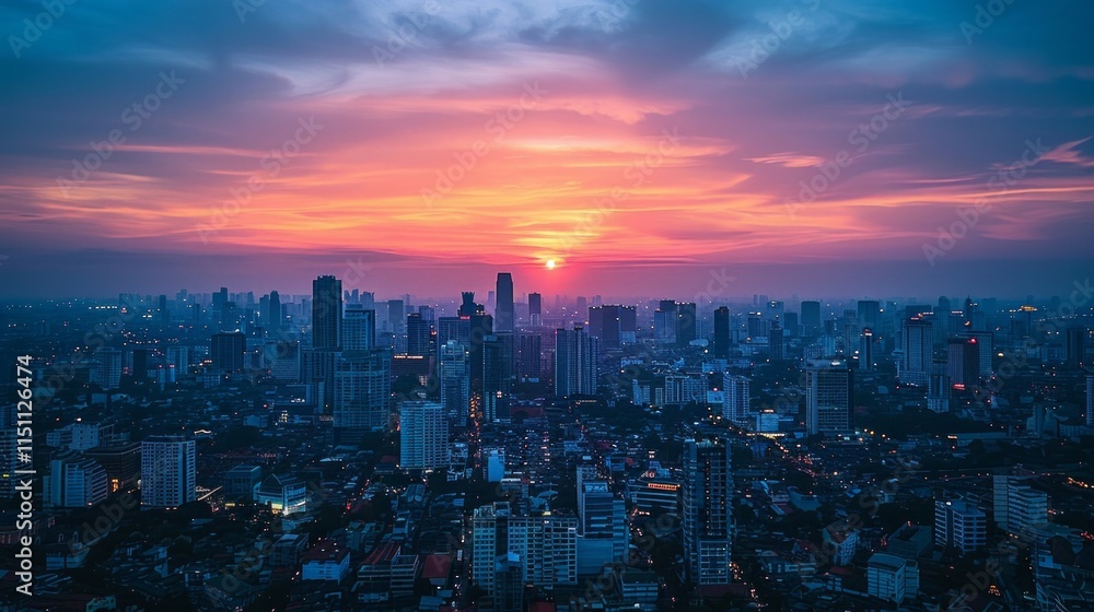 Fototapeta premium A sprawling cityscape with a vibrant sunset and glowing lights. AI generative. .