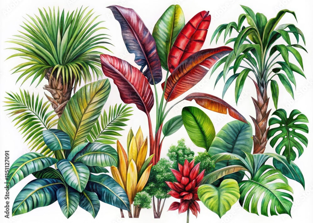 Fototapeta premium Tropical Botanicals: Red Exotic Leaves, Coconut Palm, Monstera, Banana