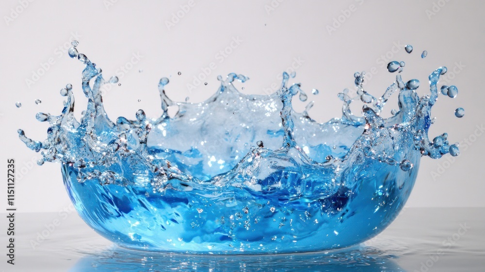 A vibrant scene of clear blue water splashing up from a surface, droplets suspended mid-air in perfect clarity. A vibrant scene of clear blue water splashing up from a surface, droplets suspended mid-air in perfect clarity.