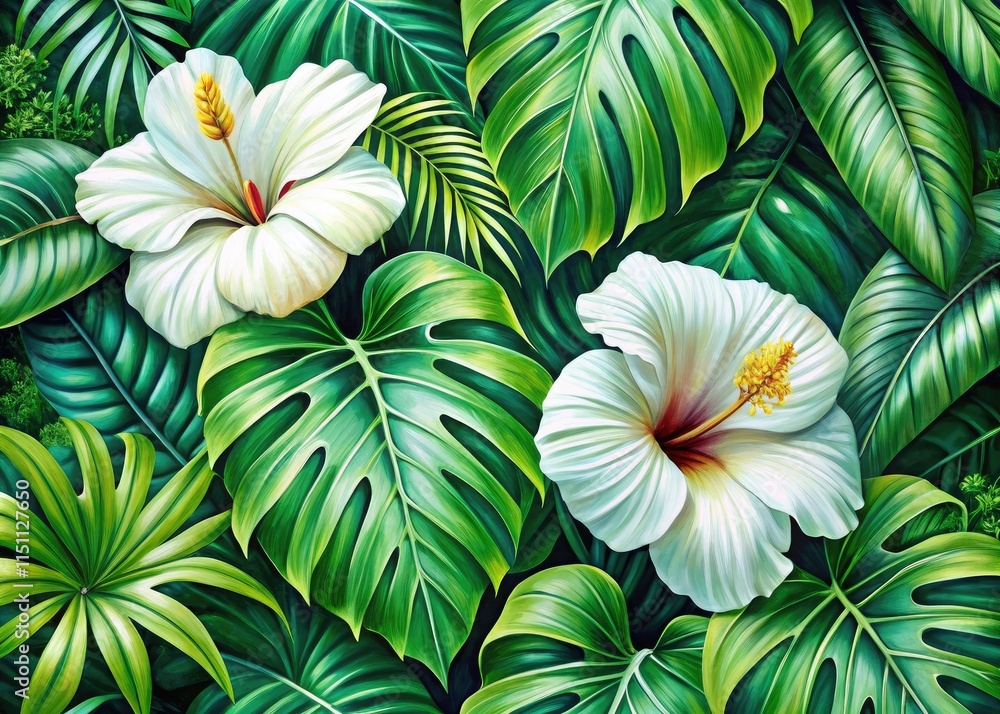 Naklejka premium Tropical Green Plant Wallpaper - White Leaves, Organic Hibiscus Pattern