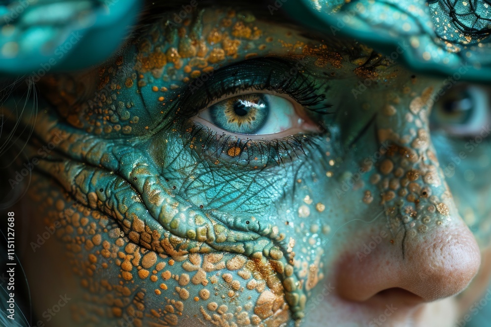 Naklejka premium Close up of a green and gold textured eye with long eyelashes. AI generative. .