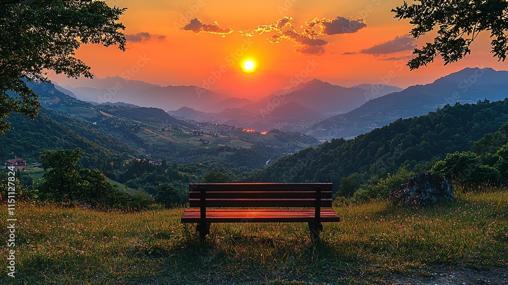 Serene Sunset View from a Mountain Bench Serene Sunset View from a Mountain Bench