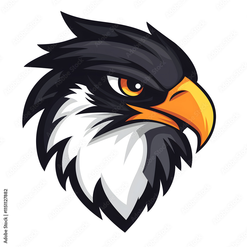 Obraz premium 2d cartoon head of black and white bird with a yellow beak mascot logo symbol character isolated